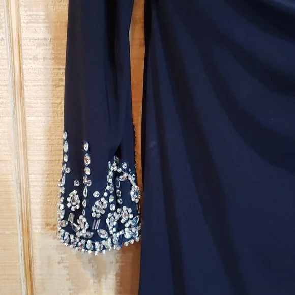 Mac Duggal Navy One Shoulder Jeweled Cuff Drape Jersey Maxi Dress Size 10 #12231 - Picture 5 of 9